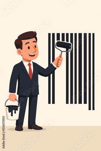 Businessman painting a barcode, rebranding concept. Corporate identity and marketing strategy metaphor. Manager with paint roller creating a new product brand for commercial success.