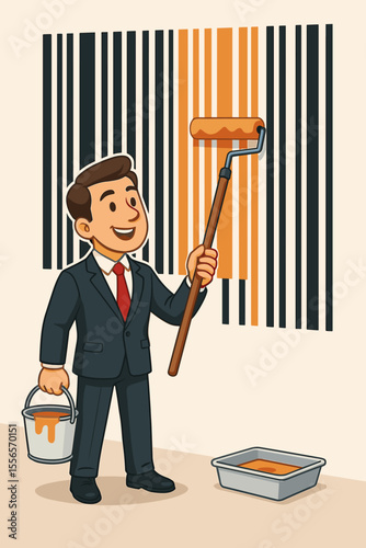 Businessman rebranding concept with a manager painting a barcode. Corporate identity and marketing strategy metaphor for brand refresh, change, and business transformation. Vector cartoon.