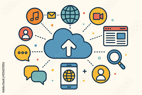 Cloud Storage Communication Concept with Internet File Sharing, Music, Video, Social Network, Chat, News, Messaging, Website, Search, Mobile Web, Data Backup, Digital Media Icons