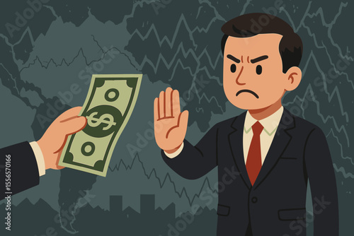 Businessman rejecting US dollar money, concept of de-dollarization. Global financial crisis, economic recession, stock market decline. Man showing stop hand gesture refusing cash.
