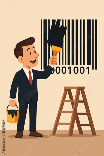 Businessman painting a large barcode on the wall. Concept of rebranding, corporate identity, and marketing strategy. Building brand recognition and product identity. Vector.