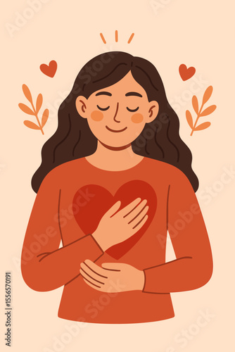 Self Love and Self Care Concept. Happy Woman Embracing Heart Symbol. Positive Emotions, Self Respect, Inner Harmony, Kindness, Mental Health, Volunteer Support, Mindfulness, Emotional Wellbeing