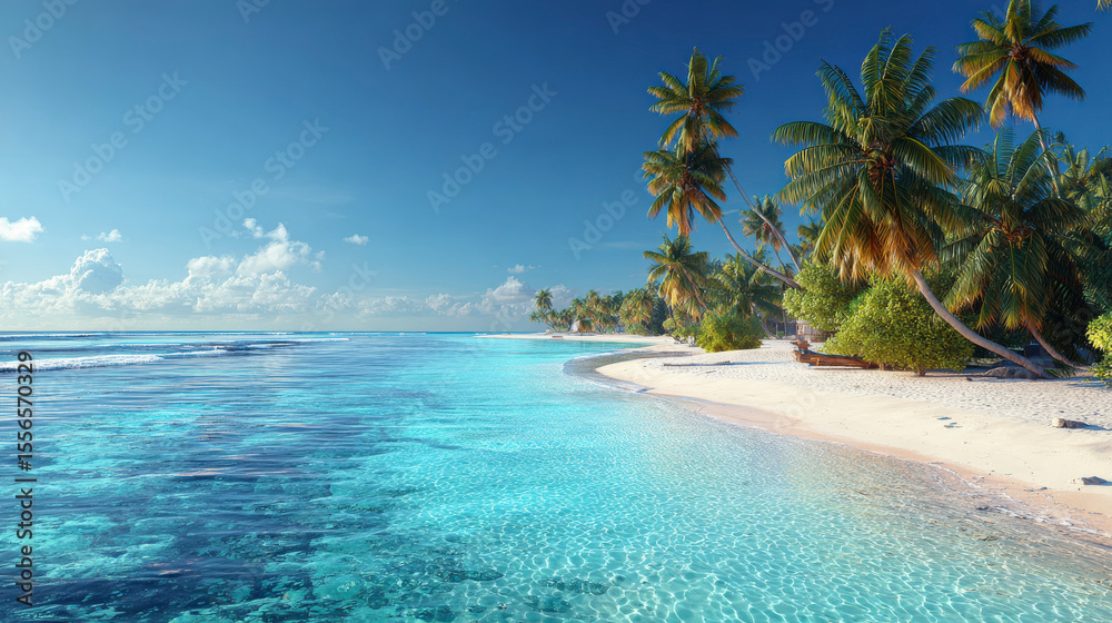 Fototapeta premium A beautiful beach with palm trees and a clear blue ocean
