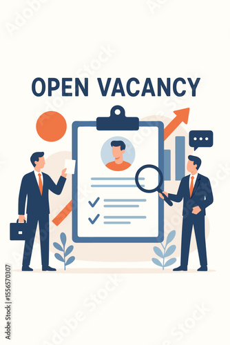 Open vacancy concept for hiring and recruitment. HR managers reviewing a candidate's resume on a clipboard with a magnifying glass. Job search, employment, and career opportunity.