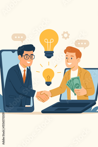 Online Business Deal and Startup Investment Concept. Virtual Handshake Between Entrepreneur and Investor via Phone and Laptop. Money Exchange, Innovation, Partnership, Flat Vector Illustration