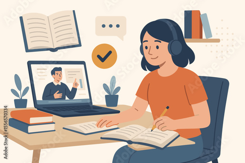 Distance Learning Online Education Vector Illustration. Student Studying at Home with Laptop, Headphones, Books. Virtual Classroom, E-learning, Online Courses, Exam Preparation, Modern Flat Design