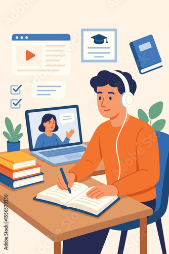 Distance learning student studying online courses at home, writing notes, using laptop, headphones, digital textbooks, remote education, e-learning, exam preparation, virtual classroom concept
