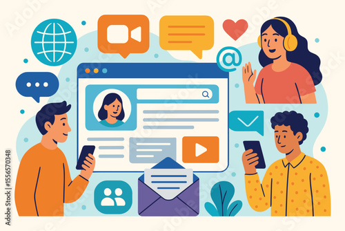 Online communication via the internet and social media networking concept. People using mobile phone app for chat, video call, messages. User profile interface. Flat vector illustration.