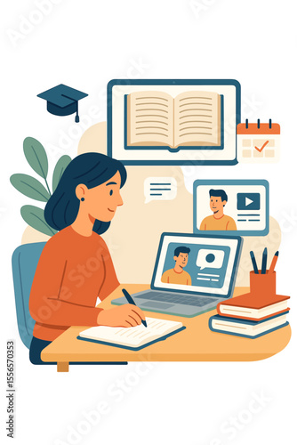 Online education distance learning concept. Student studying at home with laptop, virtual classroom, video lessons, digital textbooks, exam preparation, e-learning, remote school illustration