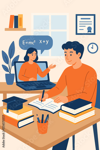 Distance Learning Online Education Vector Illustration. Student Studying at Home with Laptop, Virtual Teacher, Books, Textbooks, Exam Preparation, E-Learning, Remote Classes, Modern Flat Design