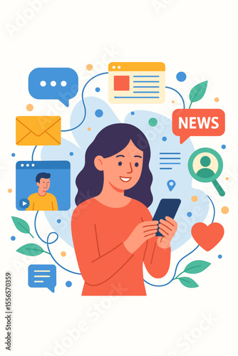 Woman using smartphone for social media and online communication. Vector concept of internet networking with icons for chat, video call, news, dating app, and messages.