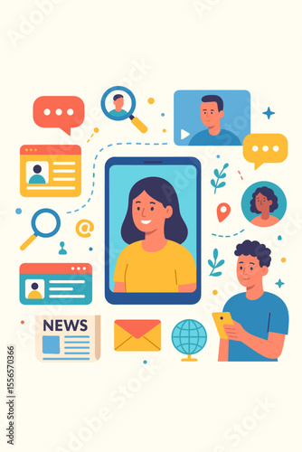 Social media communication concept. People connecting online via smartphone for video calls, chatting, and messaging. Modern flat vector illustration of digital networking.