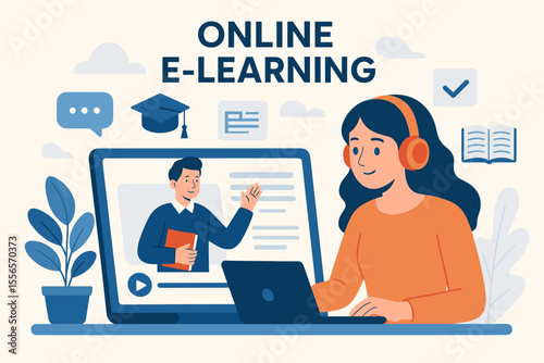 Online E-Learning Distance Education Concept. Student Learning Remotely with Laptop, Headphones, Virtual Classroom, Teacher, Digital Course, Web Design, Modern Flat Cartoon Vector Illustration