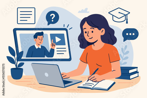 Online education concept illustration. Student learning remotely with laptop, taking notes, watching video lesson, distance e-learning, virtual classroom, digital course, modern flat cartoon design