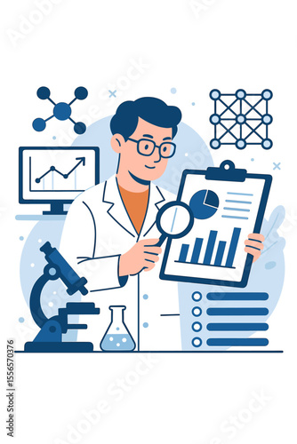 Scientist conducting research and analyzing data. Male researcher in a lab coat studies statistical report with charts, graphs. Laboratory concept with microscope, molecule, innovation.