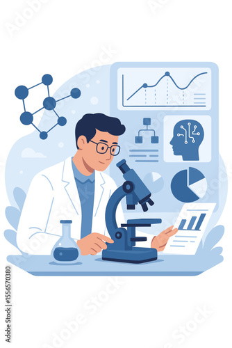 Scientist in laboratory conducting research with a microscope. Man analyzing statistical data, charts, and graphs. Concept for biotechnology, chemistry, data science, and innovation.