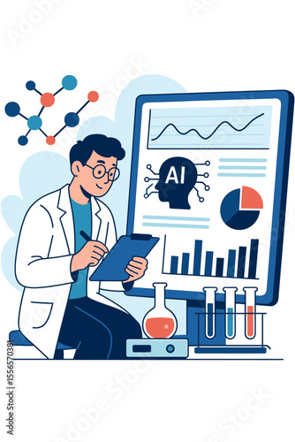 AI-powered scientific research concept. Scientist in a lab analyzing data and graphs on a computer screen. Vector illustration for biotechnology, chemistry, medical experiment and study.