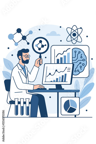 Scientist in laboratory analyzing statistical data and research results on computer. Man studying chemical molecule structures, atoms, and graphs. Modern science and technology concept.
