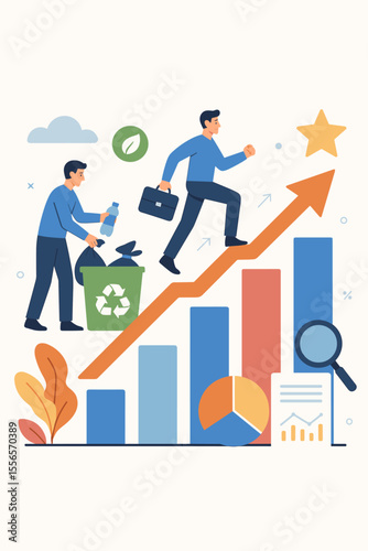 ESG concept with businessman showing career growth and success. Sustainable business development with recycling for environmental responsibility. Corporate profit and green eco solutions vector.