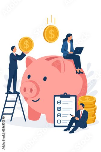 Financial planning and savings concept with business people working around a large piggy bank. Investment, banking services, and money accumulation vector illustration. Man putting coin in.