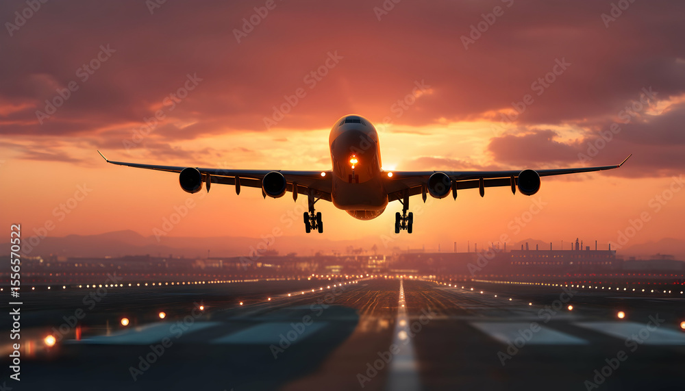 Fototapeta premium Airliner taking off at sunset -