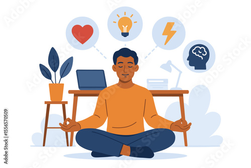Vector illustration of meditation during working hours for stress relief. Man at office desk in lotus pose. Mindfulness concept for mental health, body, mind, emotions and energy.
