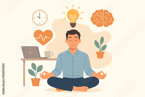 Office meditation concept with a man practicing yoga for stress relief. Employee wellness, mental health, and mindfulness at work. Work-life balance for calm and new ideas.