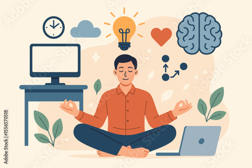 Modern flat vector illustration concept of meditation during working hours, a mindful break for body, mind, and emotional well-being, fostering thought process, new ideas, and energy.