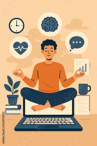 Meditation at work concept. Man in lotus pose on a laptop taking a break for mindfulness and stress relief. Employee wellness, mental health, and work-life balance vector illustration.