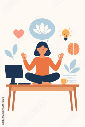 Mindfulness meditation at work. Woman in lotus pose on office desk finding peace. Concept for stress relief, mental health, emotional balance, focus and creativity. Vector illustration.
