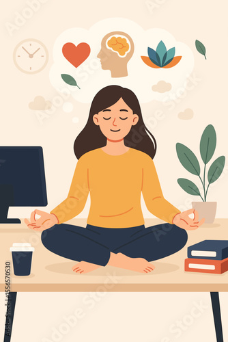 Office meditation concept. Calm employee woman practicing yoga on desk for stress relief. Mindfulness for mental health and well-being. Workplace wellness break vector illustration.
