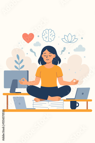 Office worker meditating in lotus pose on a desk. Concept of mindfulness, work-life balance, stress management, and mental health. Employee taking a yoga break for relaxation.