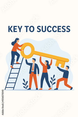 Key to success business concept. Teamwork and collaboration metaphor with people holding a giant golden key. Strategy for achieving goals, finding a solution, and partnership. Vector.