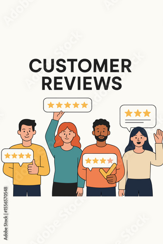 Customer reviews concept with diverse people rating a product or service. Men and women give feedback with stars. Client satisfaction, testimony, survey and quality vector illustration.