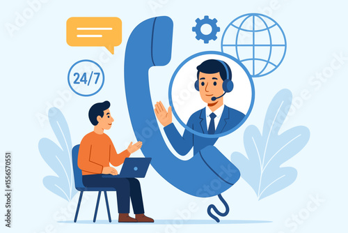 Customer service vector illustration. Man with laptop getting online global technical support 24/7. Call center operator in headset advises client. Helpdesk, hotline, and user assistance concept.