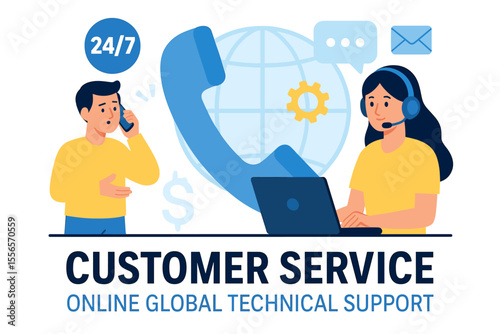 Customer service vector illustration. Online global technical support 24/7. Call center agent with headset and laptop helping client. Man on phone gets help from hotline operator.