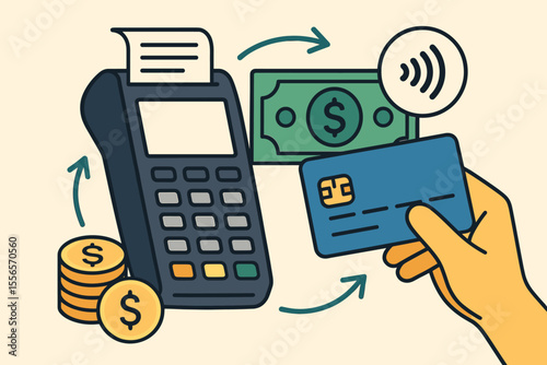 Vector concept of financial transactions. Contactless payment via credit card on POS terminal. NFC technology, money transfer, and cashless purchase with cash and coins options.