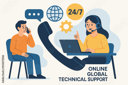 Customer service concept. Online global technical support 24/7. Call center agent with headset helps client. Man calls hotline operator for advice. Helpdesk assistance vector.