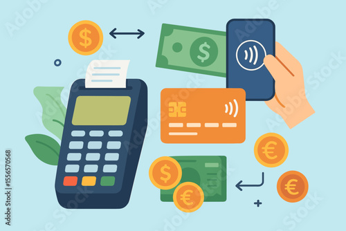 Contactless payment vector concept. Financial transaction with POS terminal, smartphone NFC, and credit card. Cashless payment system, money transfer, online banking, digital wallet.