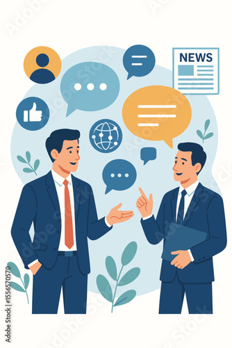 Businessmen Communication and Social Media Networking Concept. Corporate Discussion, News Exchange, Speech Bubbles, Online Dialogue, Social Network Interaction, Flat Vector Illustration