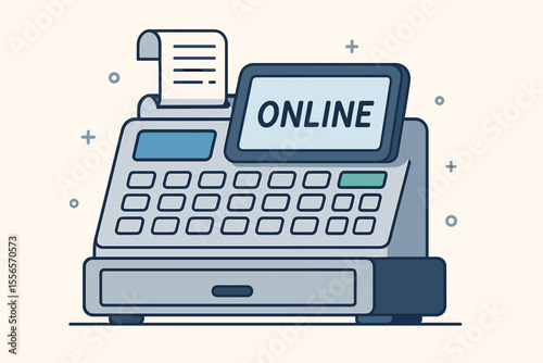Cash register for online payments and e-commerce. Modern flat cartoon vector illustration of a till machine. Concept for retail, internet shopping, checkout, transaction, and finance.