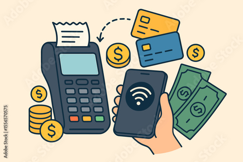 Contactless payment vector illustration. Hand holding smartphone with NFC for mobile transaction at POS terminal. Cashless society concept with credit card, money and coins.