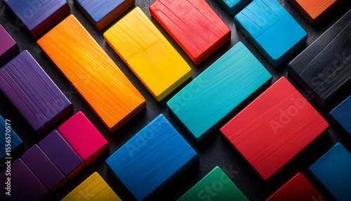 vibrant colored blocks scattered atop a dark textured surface creating an intriguing abstract background