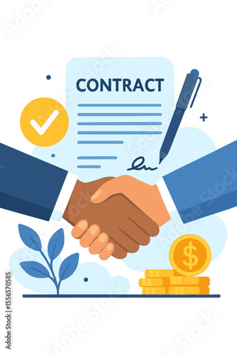 Business handshake agreement, contract signing, successful partnership, cooperation, deal making, financial transaction, investment, teamwork, collaboration, modern flat vector illustration