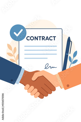 Business handshake agreement, contract signing, successful partnership, cooperation, deal confirmation, teamwork, diverse hands, legal document, mutual trust, collaboration concept illustration