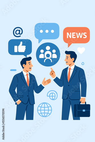 Businessmen Discussing Social Media Communication, Online News, Networking, Digital Marketing, Social Networks, Chat Dialogue, Speech Bubbles, Modern Flat Vector Illustration