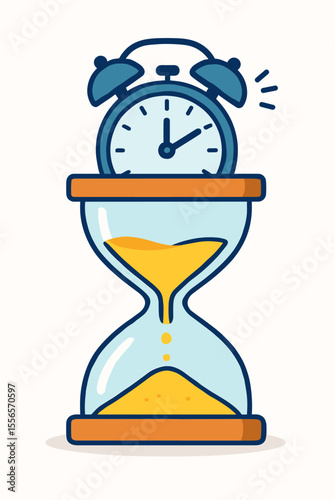 Cartoon Hourglass and Alarm Clock Vector Illustration. Time Management, Deadline, Productivity, Quick Reaction, Awakening, Work Efficiency, Countdown Concept. Modern Flat Design Isolated on White