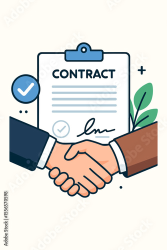 Business handshake contract agreement, partnership deal, successful cooperation, teamwork, signed document, trust, negotiation, collaboration, business deal, flat vector illustration