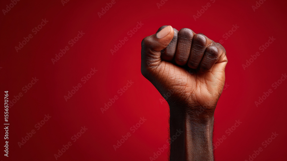 Fototapeta premium A hand with a fist raised on a red background