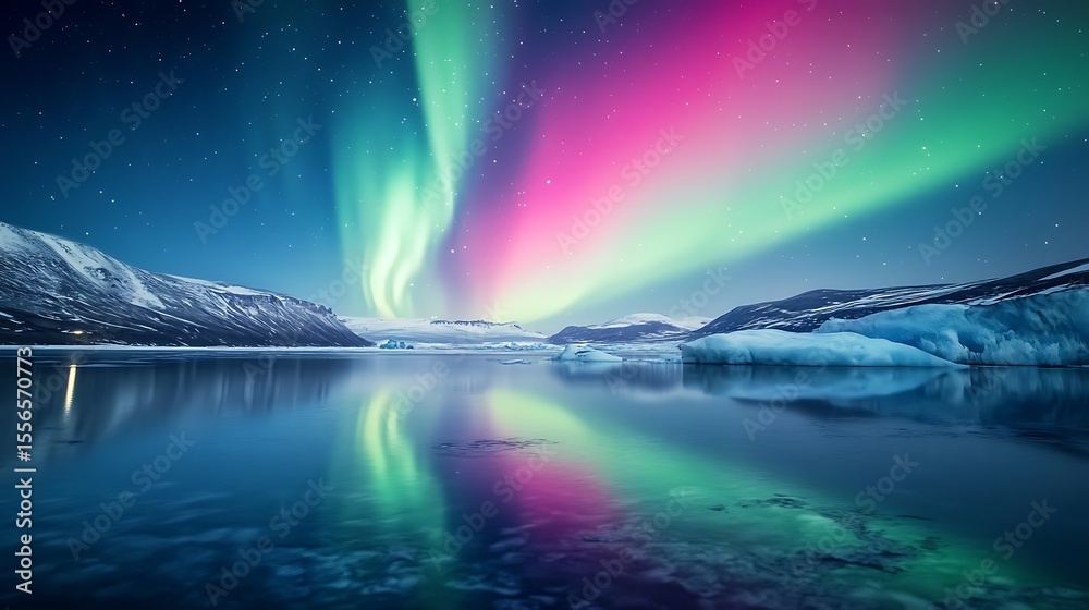 Naklejka premium Northern lights on beautiful mountains and also showers lightly on it 